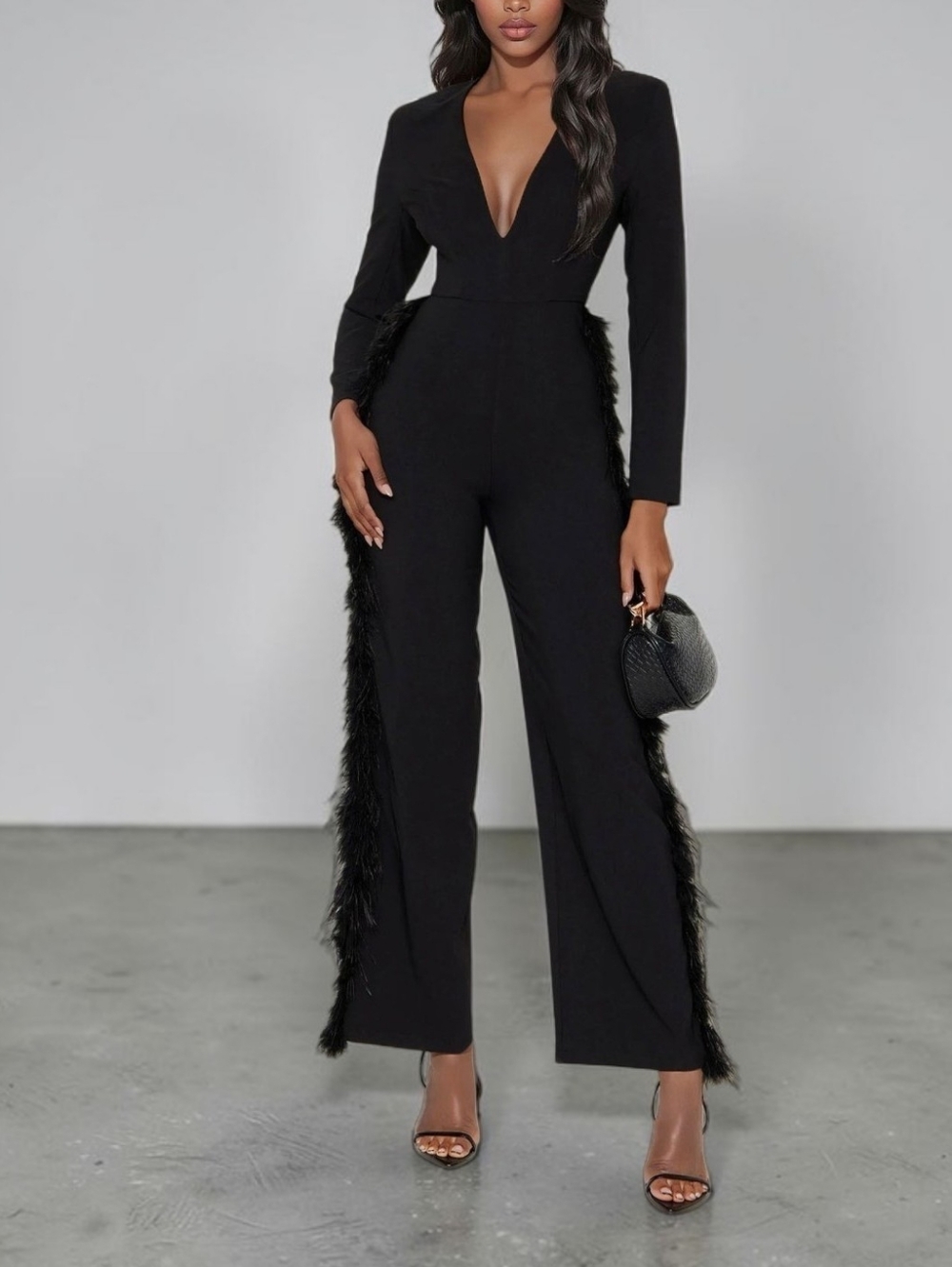 Feather Trim Straight Leg Jumpsuit